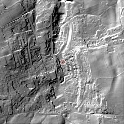 Shaded relief map of the ground around BD150NQ, computed from Environment Agency LiDAR. The ground here sits at about 212 m above sea level and falls 55 m across the surrounding 800 m. Surface water reaching this point runs off ground lying to the east-south-east, 39.7 m higher.