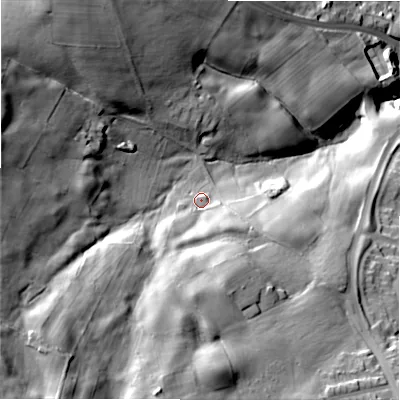 Shaded relief map of the ground around BD159BJ, computed from Environment Agency LiDAR. The ground here sits at about 246 m above sea level and falls 62 m across the surrounding 800 m. Surface water reaching this point runs off ground lying to the south-south-west, 13.6 m higher.