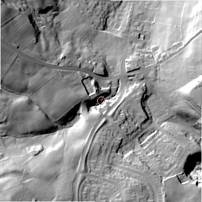 Shaded relief map of the ground around BD159JJ, computed from Environment Agency LiDAR. The ground here sits at about 222 m above sea level and falls 66 m across the surrounding 800 m. Surface water reaching this point runs off ground lying to the south-west, 45.7 m higher.
