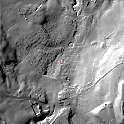 Shaded relief map of the ground around BD159JN, computed from Environment Agency LiDAR. The ground here sits at about 203 m above sea level and falls 78 m across the surrounding 800 m. Surface water reaching this point runs off ground lying to the south-south-west, 7.0 m higher.