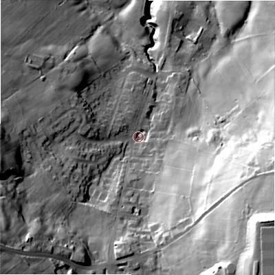 Shaded relief map of the ground around BD159JU, computed from Environment Agency LiDAR. The ground here sits at about 195 m above sea level and falls 84 m across the surrounding 800 m. Surface water reaching this point runs off ground lying to the east-south-east, 64.7 m higher.