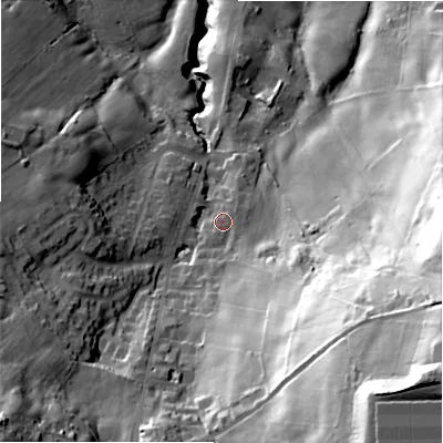 Shaded relief map of the ground around BD159LF, computed from Environment Agency LiDAR. The ground here sits at about 195 m above sea level and falls 89 m across the surrounding 800 m. Surface water reaching this point runs off ground lying to the south-east, 42.2 m higher.