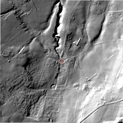 Shaded relief map of the ground around BD159LS, computed from Environment Agency LiDAR. The ground here sits at about 190 m above sea level and falls 96 m across the surrounding 800 m. Surface water reaching this point runs off ground lying to the south-east, 70.7 m higher.