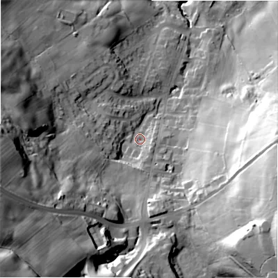 Shaded relief map of the ground around BD159LT, computed from Environment Agency LiDAR. The ground here sits at about 204 m above sea level and falls 68 m across the surrounding 800 m. Surface water reaching this point runs off ground lying to the west-south-west, 46.7 m higher.