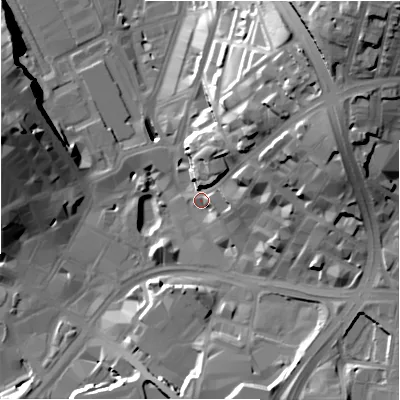 Shaded relief map of the ground around BD15NE, computed from Environment Agency LiDAR. The ground here sits at about 100 m above sea level and falls 50 m across the surrounding 800 m. Surface water reaching this point runs off ground lying to the east-north-east, 32.0 m higher.