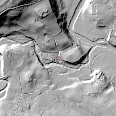 Shaded relief map of the ground around BD161AR, computed from Environment Agency LiDAR. The ground here sits at about 81 m above sea level and falls 69 m across the surrounding 800 m. Surface water reaching this point runs off ground lying to the north-north-west, 41.4 m higher.