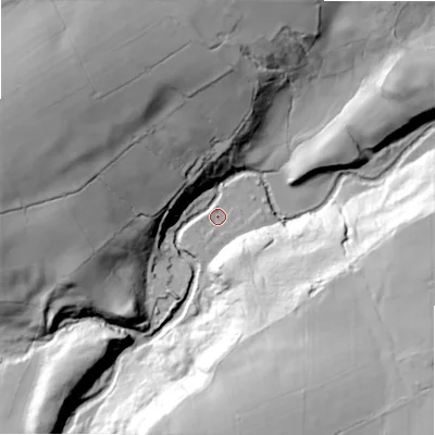 Shaded relief map of the ground around BD161DF, computed from Environment Agency LiDAR. The ground here sits at about 131 m above sea level and falls 67 m across the surrounding 800 m. Surface water reaching this point runs off ground lying to the west-north-west, 59.8 m higher.