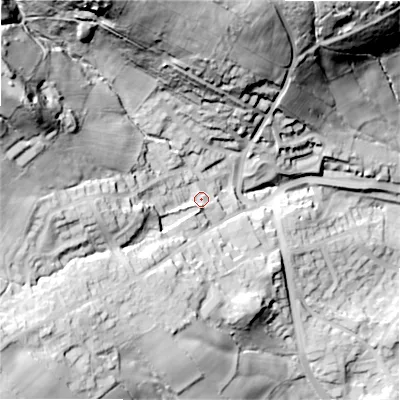Shaded relief map of the ground around BD161FJ, computed from Environment Agency LiDAR. The ground here sits at about 147 m above sea level and falls 81 m across the surrounding 800 m. Surface water reaching this point runs off ground lying to the west, 30.0 m higher.