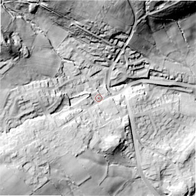Shaded relief map of the ground around BD161HP, computed from Environment Agency LiDAR. The ground here sits at about 146 m above sea level and falls 76 m across the surrounding 800 m. Surface water reaching this point runs off ground lying to the west, 29.5 m higher.