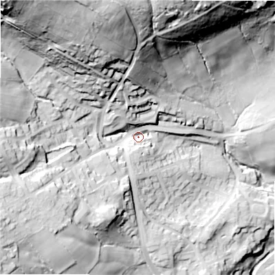 Shaded relief map of the ground around BD161HS, computed from Environment Agency LiDAR. The ground here sits at about 134 m above sea level and falls 99 m across the surrounding 800 m. Surface water reaching this point runs off ground lying to the north-west, 73.2 m higher.