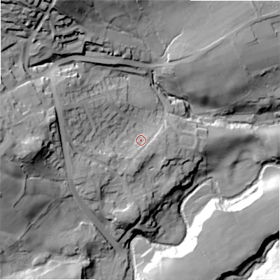 Shaded relief map of the ground around BD161HX, computed from Environment Agency LiDAR. The ground here sits at about 124 m above sea level and falls 61 m across the surrounding 800 m. Surface water reaching this point runs off ground lying to the west-south-west, 8.6 m higher.
