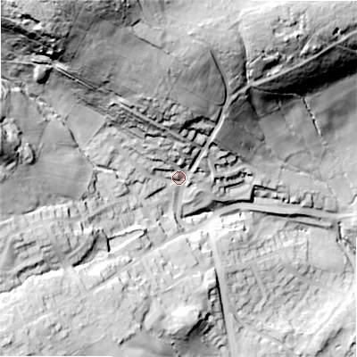 Shaded relief map of the ground around BD161JT, computed from Environment Agency LiDAR. The ground here sits at about 147 m above sea level and falls 105 m across the surrounding 800 m. Surface water reaching this point runs off ground lying to the north-north-west, 65.9 m higher.