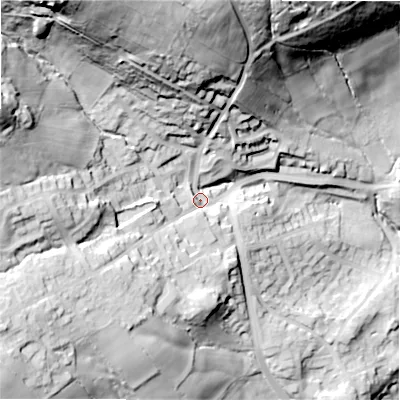 Shaded relief map of the ground around BD161JX, computed from Environment Agency LiDAR. The ground here sits at about 140 m above sea level and falls 87 m across the surrounding 800 m. Surface water reaching this point runs off ground lying to the north-west, 64.5 m higher.