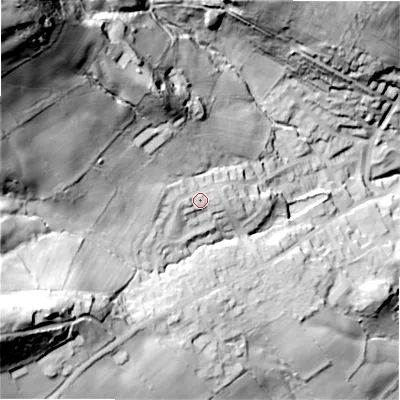 Shaded relief map of the ground around BD161LQ, computed from Environment Agency LiDAR. The ground here sits at about 167 m above sea level and falls 126 m across the surrounding 800 m. Surface water reaching this point runs off ground lying to the west, 5.3 m higher.