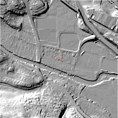 Shaded relief map of the ground around BD161LR, computed from Environment Agency LiDAR. The ground here sits at about 72 m above sea level and falls 63 m across the surrounding 800 m. Surface water reaching this point runs off ground lying to the west, 3.0 m higher.