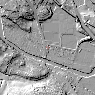 Shaded relief map of the ground around BD161LS, computed from Environment Agency LiDAR. The ground here sits at about 73 m above sea level and falls 40 m across the surrounding 800 m. Surface water reaching this point runs off ground lying to the north-north-west, 1.9 m higher.
