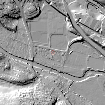Shaded relief map of the ground around BD161LT, computed from Environment Agency LiDAR. The ground here sits at about 72 m above sea level and falls 46 m across the surrounding 800 m. Surface water reaching this point runs off ground lying to the north-west, 1.2 m higher.