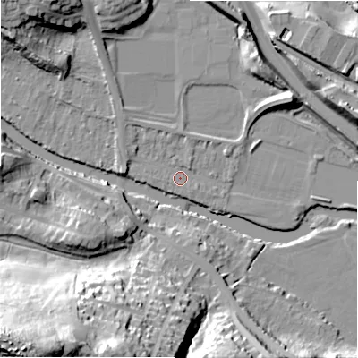 Shaded relief map of the ground around BD161LU, computed from Environment Agency LiDAR. The ground here sits at about 71 m above sea level and falls 63 m across the surrounding 800 m. Surface water reaching this point runs off ground lying to the west, 3.0 m higher.