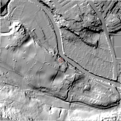 Shaded relief map of the ground around BD161LX, computed from Environment Agency LiDAR. The ground here sits at about 83 m above sea level and falls 85 m across the surrounding 800 m. Surface water reaching this point runs off ground lying to the west, 5.4 m higher.