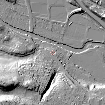 Shaded relief map of the ground around BD161NE, computed from Environment Agency LiDAR. The ground here sits at about 76 m above sea level and falls 68 m across the surrounding 800 m. Surface water reaching this point runs off ground lying to the south, 1.2 m higher.