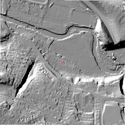 Shaded relief map of the ground around BD161NS, computed from Environment Agency LiDAR. The ground here sits at about 73 m above sea level and falls 63 m across the surrounding 800 m. Surface water reaching this point runs off ground lying to the south-west, 34.3 m higher.