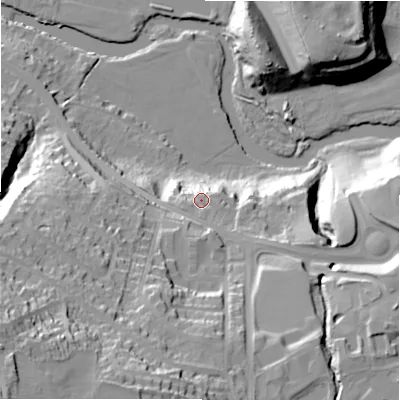 Shaded relief map of the ground around BD161PA, computed from Environment Agency LiDAR. The ground here sits at about 88 m above sea level and falls 63 m across the surrounding 800 m. Surface water reaching this point runs off ground lying to the south-south-east, 3.9 m higher.