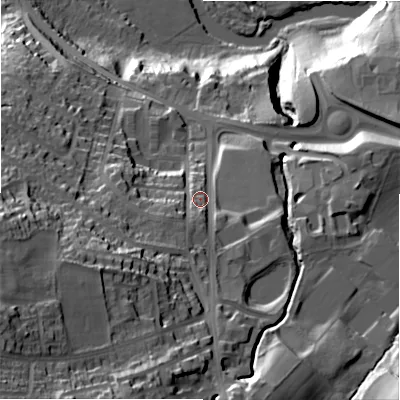 Shaded relief map of the ground around BD161PF, computed from Environment Agency LiDAR. The ground here sits at about 100 m above sea level and falls 64 m across the surrounding 800 m. Surface water reaching this point runs off ground lying to the south-west, 33.4 m higher.