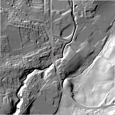 Shaded relief map of the ground around BD161SA, computed from Environment Agency LiDAR. The ground here sits at about 113 m above sea level and falls 75 m across the surrounding 800 m. Surface water reaching this point runs off ground lying to the south, 18.3 m higher.
