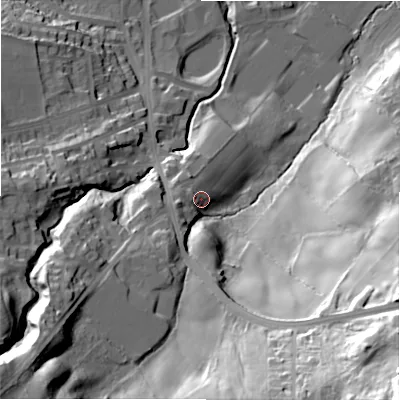 Shaded relief map of the ground around BD161SB, computed from Environment Agency LiDAR. The ground here sits at about 120 m above sea level and falls 92 m across the surrounding 800 m. Surface water reaching this point runs off ground lying to the south-west, 7.3 m higher.