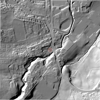 Shaded relief map of the ground around BD161SE, computed from Environment Agency LiDAR. The ground here sits at about 116 m above sea level and falls 66 m across the surrounding 800 m. Surface water reaching this point runs off ground lying to the south-west, 42.8 m higher.