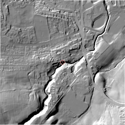 Shaded relief map of the ground around BD161SU, computed from Environment Agency LiDAR. The ground here sits at about 122 m above sea level and falls 66 m across the surrounding 800 m. Surface water reaching this point runs off ground lying to the south-west, 46.0 m higher.