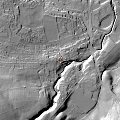 Shaded relief map of the ground around BD161SX, computed from Environment Agency LiDAR. The ground here sits at about 128 m above sea level and falls 71 m across the surrounding 800 m. Surface water reaching this point runs off ground lying to the west-south-west, 3.8 m higher.