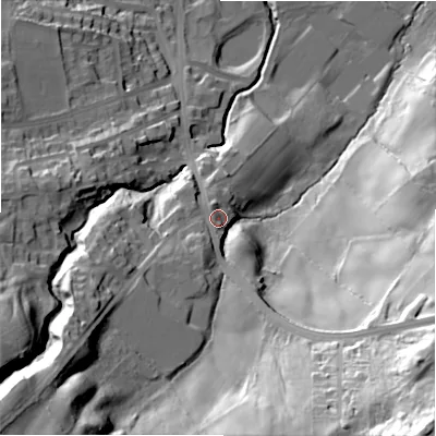Shaded relief map of the ground around BD161SZ, computed from Environment Agency LiDAR. The ground here sits at about 123 m above sea level and falls 88 m across the surrounding 800 m. Surface water reaching this point runs off ground lying to the south-south-west, 6.1 m higher.