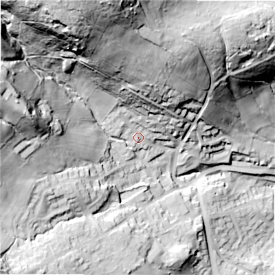 Shaded relief map of the ground around BD161TF, computed from Environment Agency LiDAR. The ground here sits at about 151 m above sea level and falls 101 m across the surrounding 800 m. Surface water reaching this point runs off ground lying to the north-north-west, 73.4 m higher.