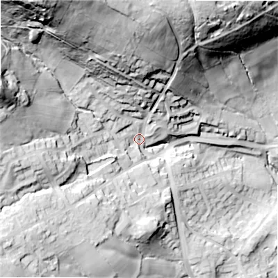 Shaded relief map of the ground around BD161TG, computed from Environment Agency LiDAR. The ground here sits at about 142 m above sea level and falls 97 m across the surrounding 800 m. Surface water reaching this point runs off ground lying to the north-west, 74.2 m higher.