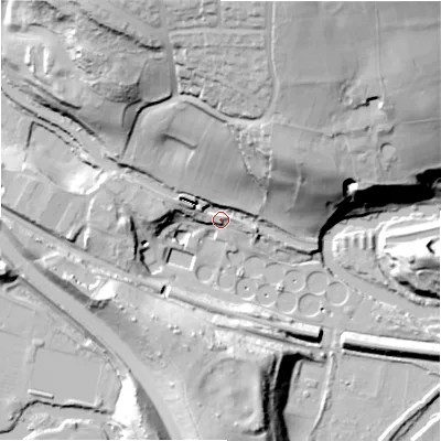 Shaded relief map of the ground around BD161TP, computed from Environment Agency LiDAR. The ground here sits at about 74 m above sea level and falls 54 m across the surrounding 800 m. Surface water reaching this point runs off ground lying to the north-north-east, 47.4 m higher.