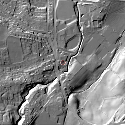 Shaded relief map of the ground around BD161TQ, computed from Environment Agency LiDAR. The ground here sits at about 112 m above sea level and falls 67 m across the surrounding 800 m. Surface water reaching this point runs off ground lying to the west-south-west, 4.0 m higher.
