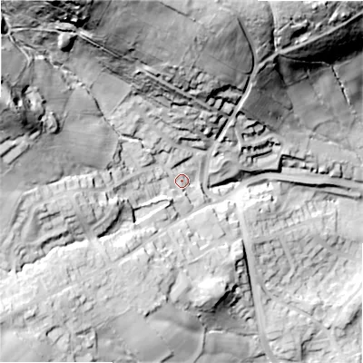 Shaded relief map of the ground around BD161TR, computed from Environment Agency LiDAR. The ground here sits at about 145 m above sea level and falls 91 m across the surrounding 800 m. Surface water reaching this point runs off ground lying to the north-north-west, 70.8 m higher.
