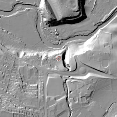 Shaded relief map of the ground around BD161TT, computed from Environment Agency LiDAR. The ground here sits at about 86 m above sea level and falls 54 m across the surrounding 800 m. Surface water reaching this point runs off ground lying to the south, 10.0 m higher.