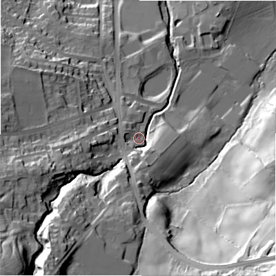 Shaded relief map of the ground around BD161TY, computed from Environment Agency LiDAR. The ground here sits at about 112 m above sea level and falls 73 m across the surrounding 800 m. Surface water reaching this point runs off ground lying to the south, 20.7 m higher.