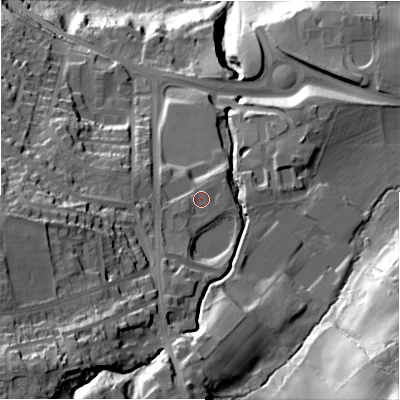 Shaded relief map of the ground around BD161TZ, computed from Environment Agency LiDAR. The ground here sits at about 104 m above sea level and falls 69 m across the surrounding 800 m. Surface water reaching this point runs off ground lying to the south-west, 1.1 m higher.