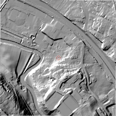 Shaded relief map of the ground around BD162AB, computed from Environment Agency LiDAR. The ground here sits at about 80 m above sea level and falls 79 m across the surrounding 800 m. Surface water reaching this point runs off ground lying to the south, 17.1 m higher.