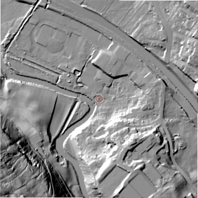 Shaded relief map of the ground around BD162AE, computed from Environment Agency LiDAR. The ground here sits at about 79 m above sea level and falls 88 m across the surrounding 800 m. Surface water reaching this point runs off ground lying to the south-south-east, 19.8 m higher.