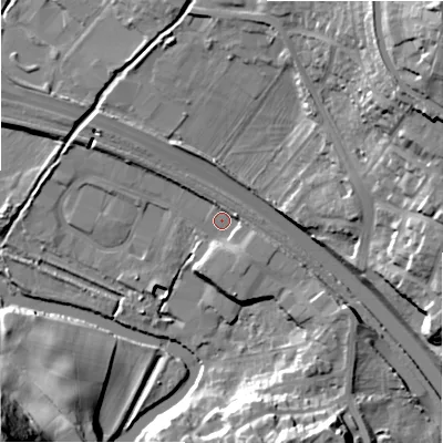 Shaded relief map of the ground around BD162AF, computed from Environment Agency LiDAR. The ground here sits at about 82 m above sea level and falls 48 m across the surrounding 800 m. Surface water reaching this point runs off ground lying to the south-south-east, 4.5 m higher.