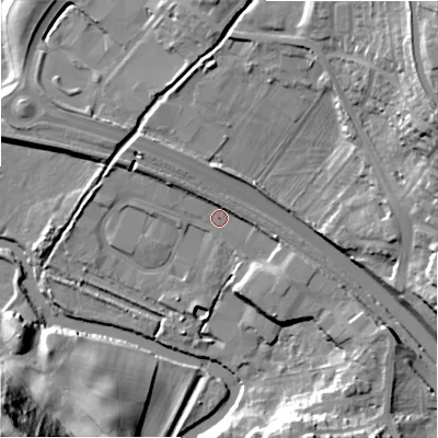 Shaded relief map of the ground around BD162AG, computed from Environment Agency LiDAR. The ground here sits at about 82 m above sea level and falls 53 m across the surrounding 800 m. Surface water reaching this point runs off ground lying to the north-west, 4.2 m higher.