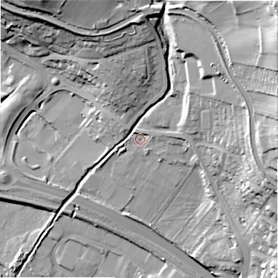 Shaded relief map of the ground around BD162BE, computed from Environment Agency LiDAR. The ground here sits at about 89 m above sea level and falls 54 m across the surrounding 800 m. Surface water reaching this point runs off ground lying to the east-north-east, 2.8 m higher.