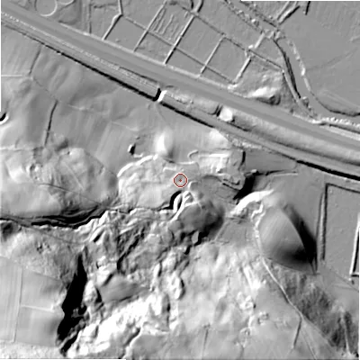 Shaded relief map of the ground around BD162DN, computed from Environment Agency LiDAR. The ground here sits at about 93 m above sea level and falls 148 m across the surrounding 800 m. Surface water reaching this point runs off ground lying to the south-south-west, 66.4 m higher.