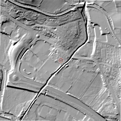 Shaded relief map of the ground around BD162DT, computed from Environment Agency LiDAR. The ground here sits at about 88 m above sea level and falls 42 m across the surrounding 800 m. Surface water reaching this point runs off ground lying to the north-east, 4.6 m higher.