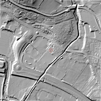 Shaded relief map of the ground around BD162DU, computed from Environment Agency LiDAR. The ground here sits at about 87 m above sea level and falls 39 m across the surrounding 800 m. Surface water reaching this point runs off ground lying to the east, 5.4 m higher.