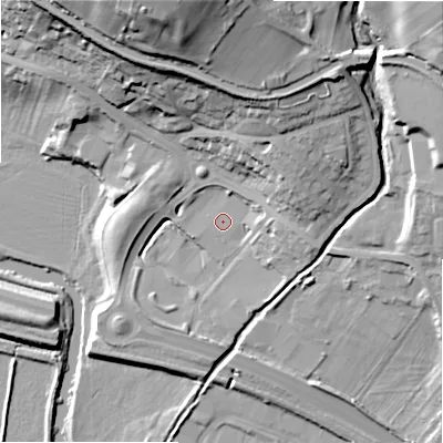 Shaded relief map of the ground around BD162EE, computed from Environment Agency LiDAR. The ground here sits at about 86 m above sea level and falls 42 m across the surrounding 800 m. The ground contributing surface water to this point lies to the east-north-east.